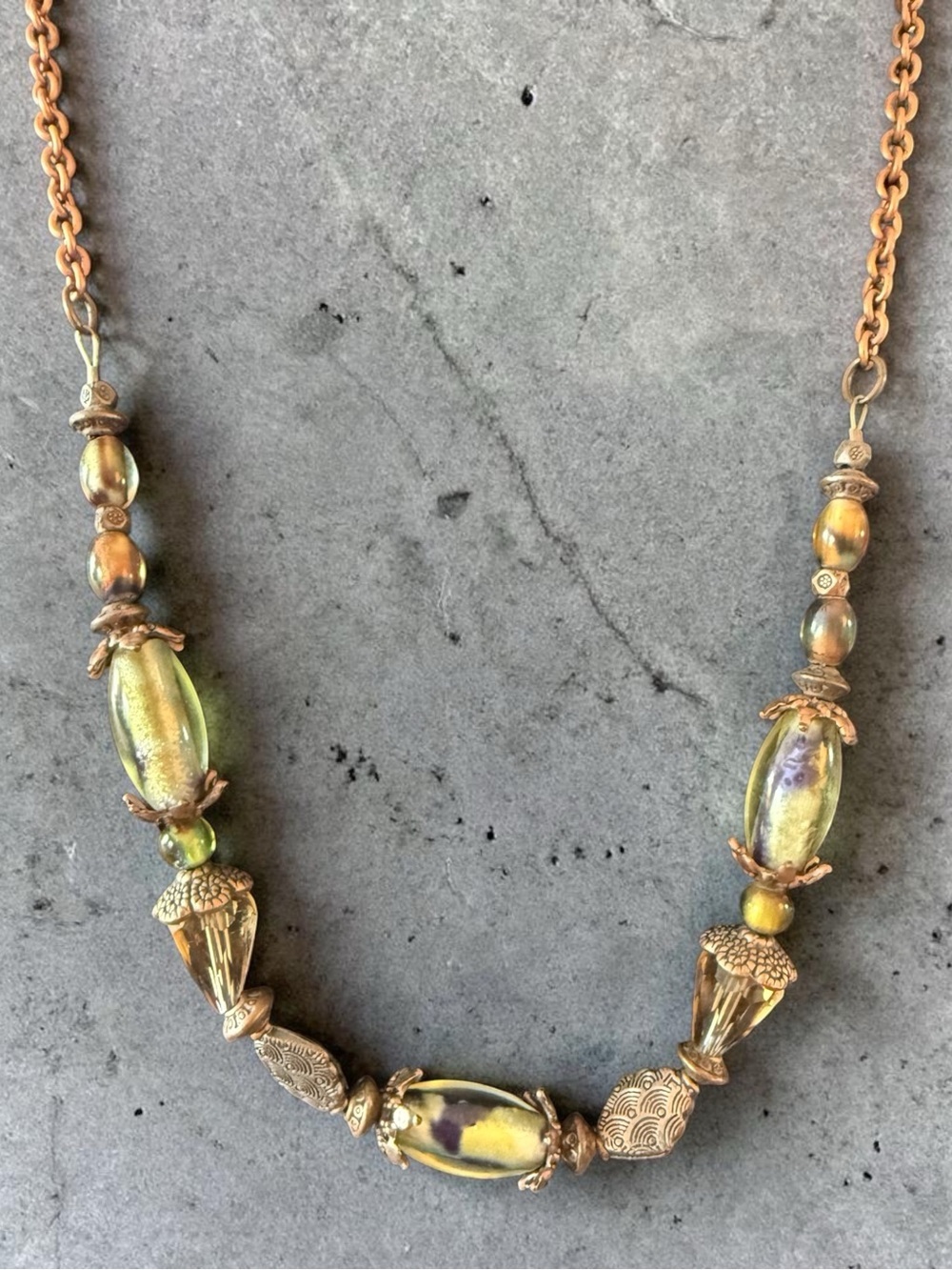 Boho Statement Beaded Necklace – Earth Tone Glass & Antiqued Metal Accent Ne